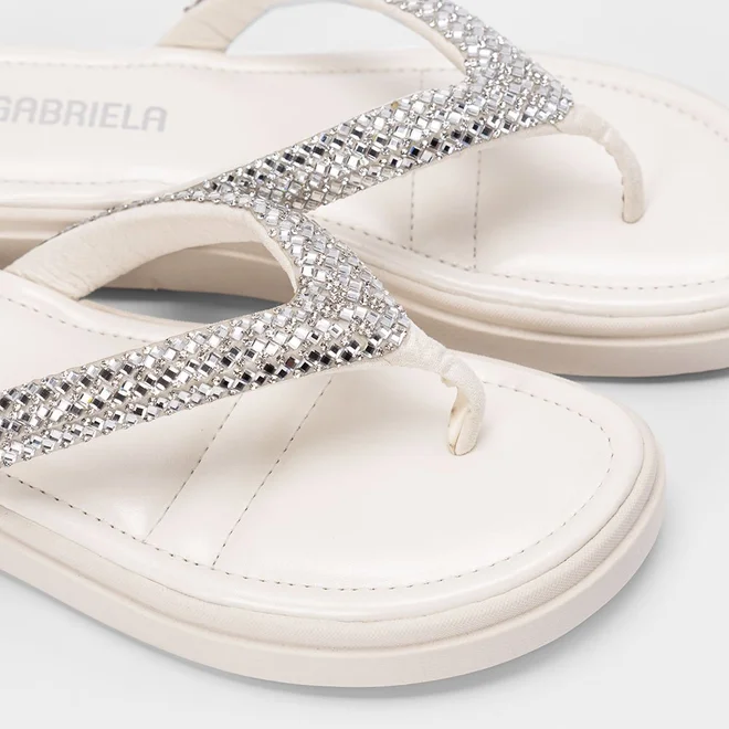Tamanco Feminino Gabriela Flatform Tiras Strass Off White