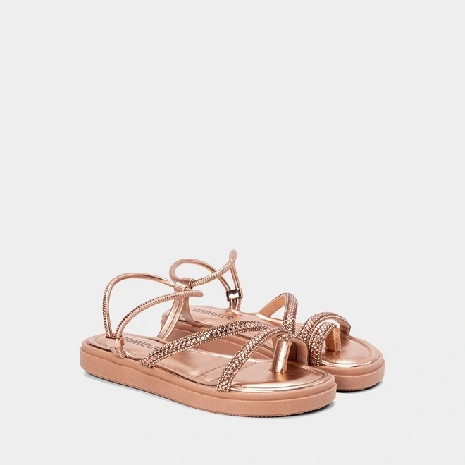 Sandália Feminina Gabriela Flatform Tiras Strass Metalizado Rose Gold