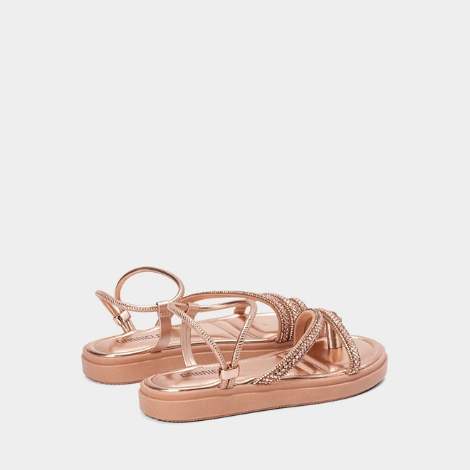 Sandália Feminina Gabriela Flatform Tiras Strass Metalizado Rose Gold