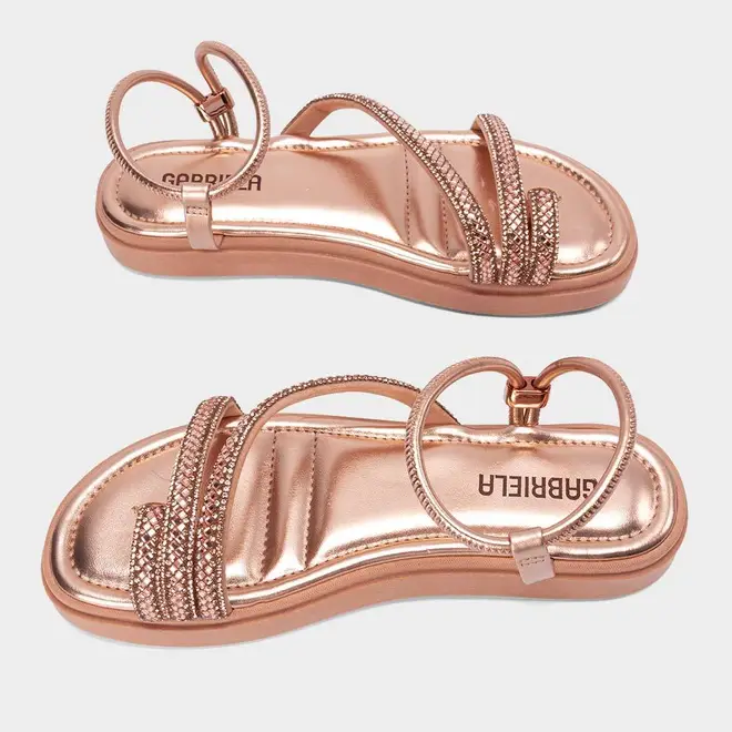 Sandália Feminina Gabriela Flatform Tiras Strass Metalizado Rose Gold