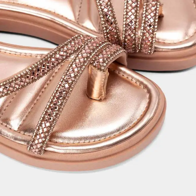 Sandália Feminina Gabriela Flatform Tiras Strass Metalizado Rose Gold
