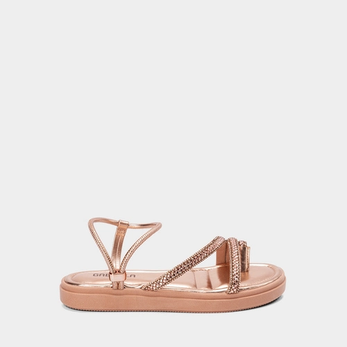Sandália Feminina Gabriela Flatform Tiras Strass Metalizado Rose Gold
