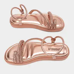 Sandália Feminina Gabriela Flatform Tiras Strass Metalizado Rose Gold