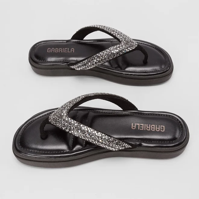 Tamanco Feminino Gabriela Flatform Tiras Strass Preto