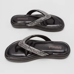 Tamanco Feminino Gabriela Flatform Tiras Strass Preto