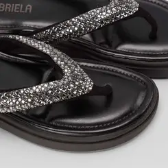 Tamanco Feminino Gabriela Flatform Tiras Strass Preto