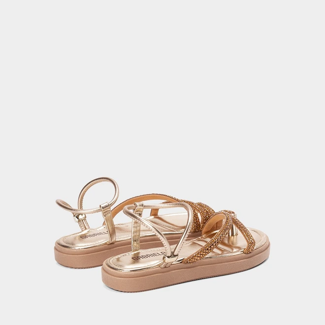 Sandália Feminina Gabriela Flatform Tiras Strass Metalizado Ouro