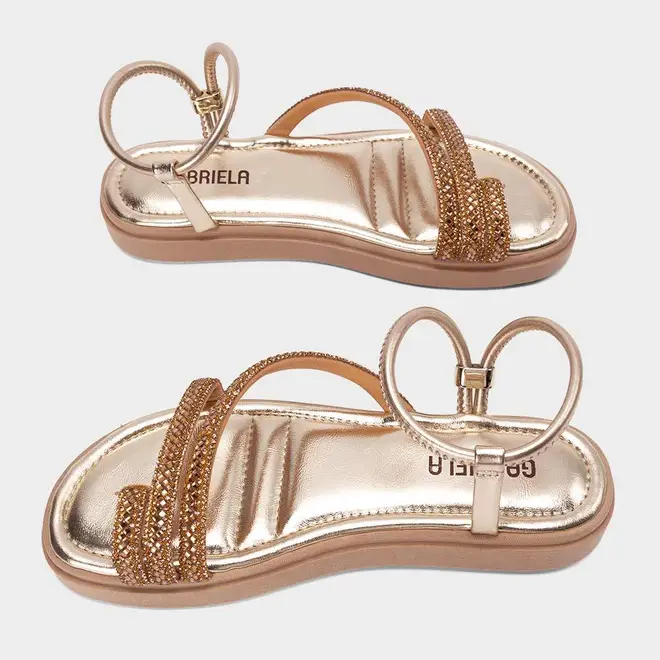 Sandália Feminina Gabriela Flatform Tiras Strass Metalizado Ouro