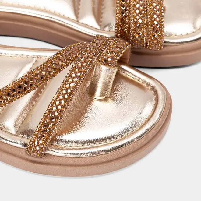 Sandália Feminina Gabriela Flatform Tiras Strass Metalizado Ouro