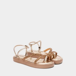Sandália Feminina Gabriela Flatform Tiras Strass Metalizado Ouro