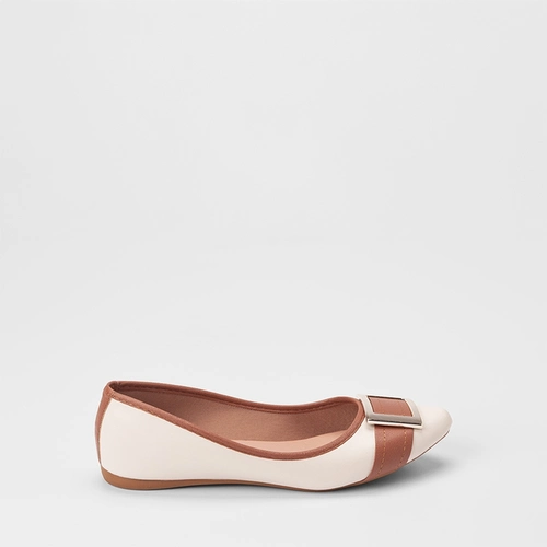 Sapatilha Feminina Penélope Enfeite Fivela Off White & Caramelo