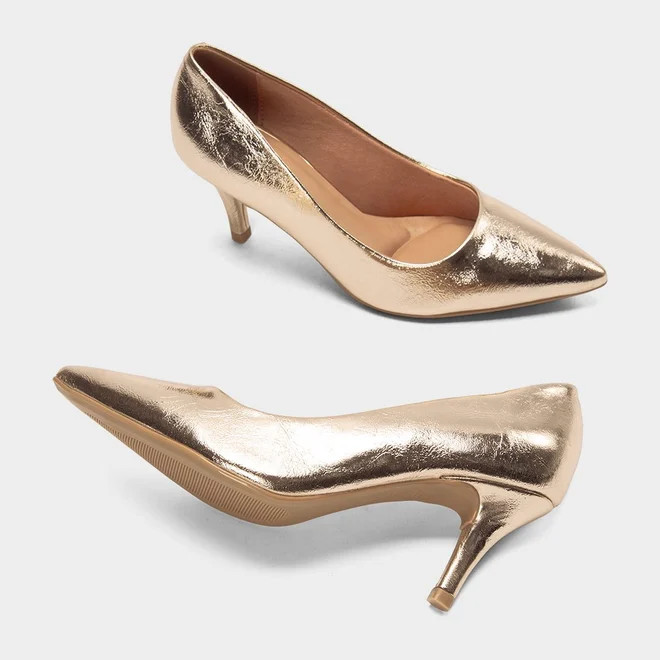 Scarpin Feminino Gabriela Salto Médio Fino Metalizado Ouro