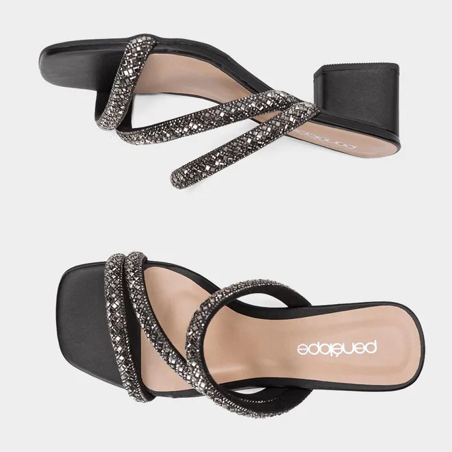 Tamanco Feminino Penélope Salto Geométrico Strass Preto