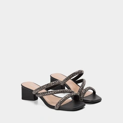 Tamanco Feminino Penélope Salto Geométrico Strass Preto