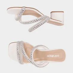 Tamanco Feminino Penélope Salto Geométrico Strass Off White