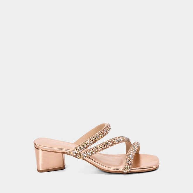 Tamanco Feminino Penélope Salto Geométrico Strass Ouro Rose