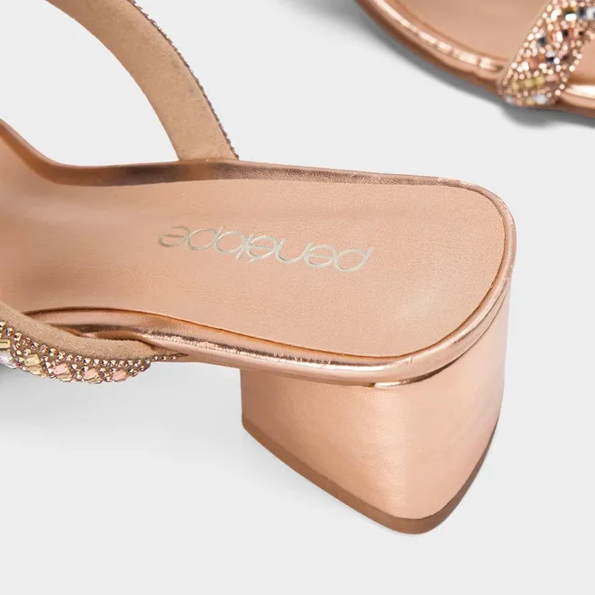 Tamanco Feminino Penélope Salto Geométrico Strass Ouro Rose