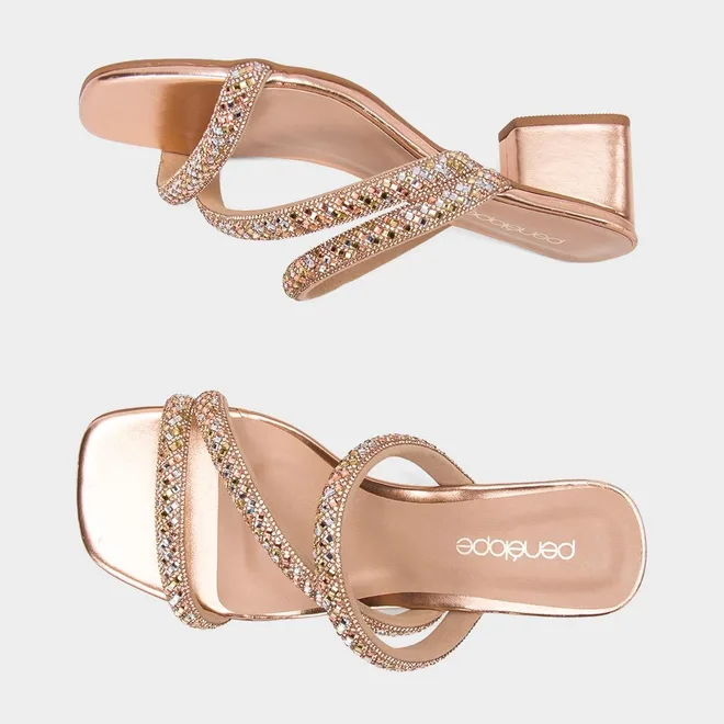 Tamanco Feminino Penélope Salto Geométrico Strass Ouro Rose