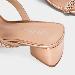 Tamanco Feminino Penélope Salto Geométrico Strass Ouro Rose