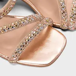 Tamanco Feminino Penélope Salto Geométrico Strass Ouro Rose