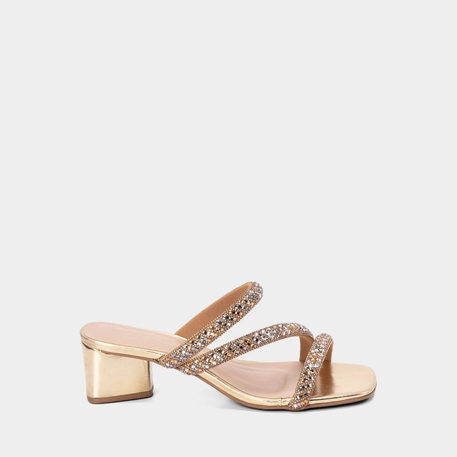 Tamanco Feminino Penélope Salto Geométrico Strass Ouro