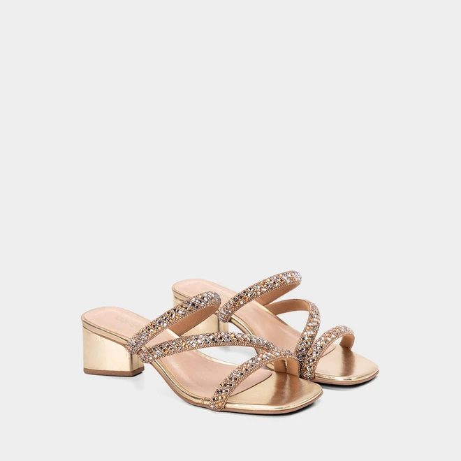 Tamanco Feminino Penélope Salto Geométrico Strass Ouro