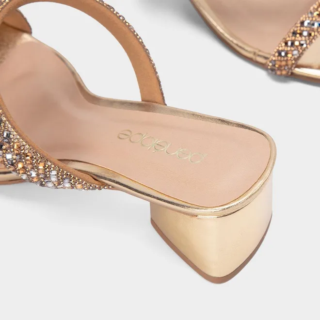 Tamanco Feminino Penélope Salto Geométrico Strass Ouro