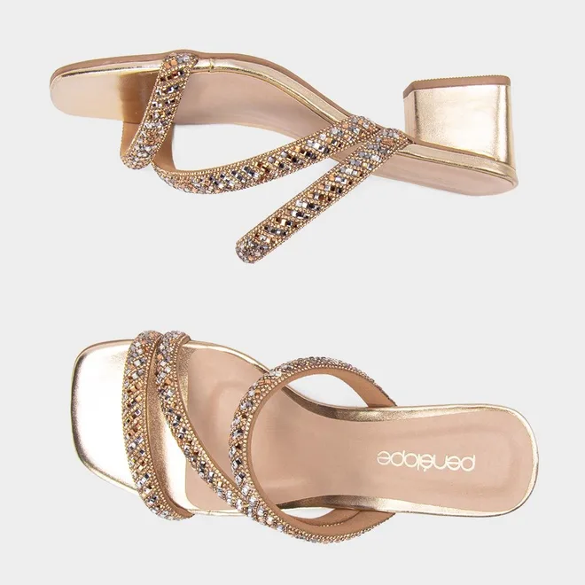 Tamanco Feminino Penélope Salto Geométrico Strass Ouro