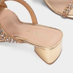 Tamanco Feminino Penélope Salto Geométrico Strass Ouro