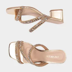 Tamanco Feminino Penélope Salto Geométrico Strass Ouro
