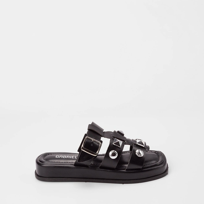 Tamanco Feminino Gabriela Flatform Enfeite Fivela & Tachas Preto