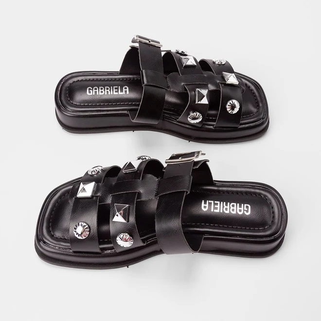 Tamanco Feminino Gabriela Flatform Enfeite Fivela & Tachas Preto