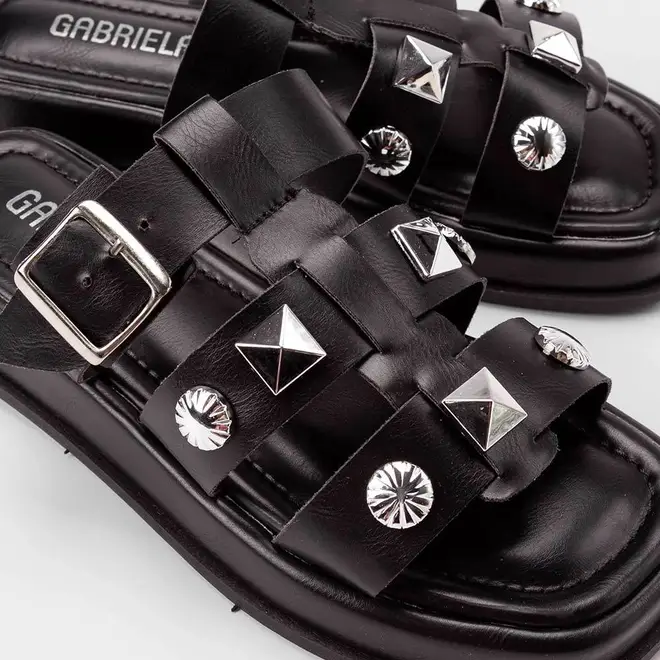 Tamanco Feminino Gabriela Flatform Enfeite Fivela & Tachas Preto