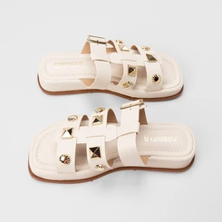 Tamanco Feminino Gabriela Flatform Enfeite Fivela & Tachas Off White