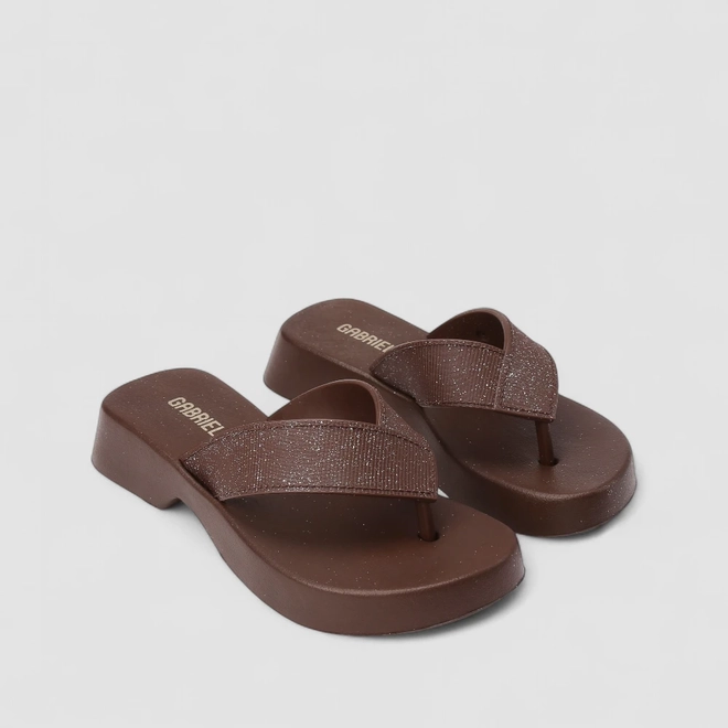 Tamanco Feminino Gabriela Plataforma Tira de Dedo Glitter Marrom