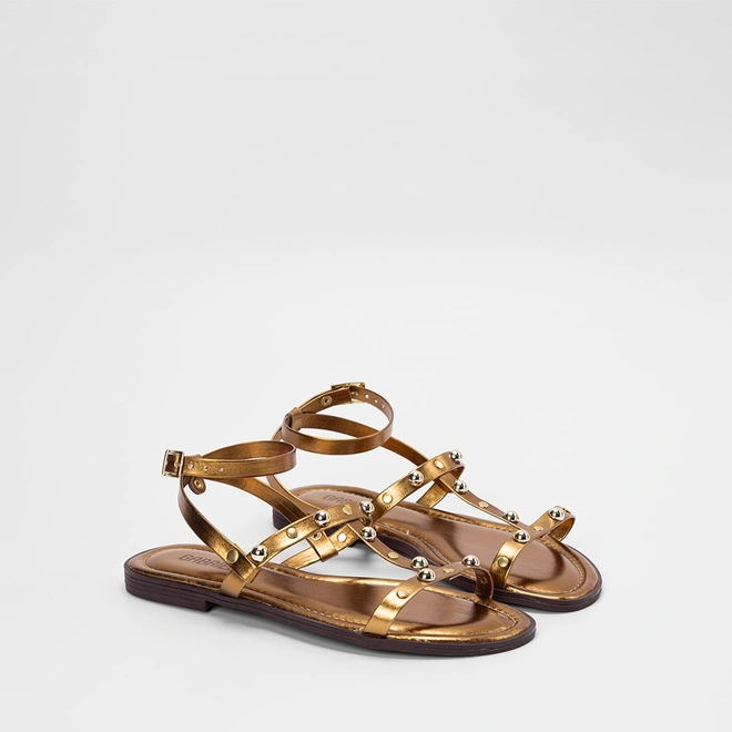 Sandália Rasteira Feminina Gabriela Detalhe Tachas Metalizado Bronze