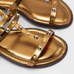 Sandália Rasteira Feminina Gabriela Detalhe Tachas Metalizado Bronze