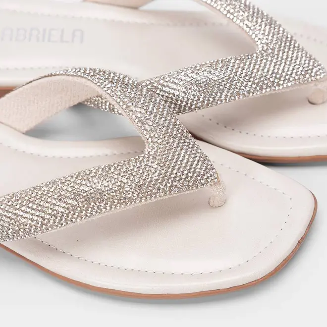 Rasteira Feminina Gabriela Tiras Strass Off White