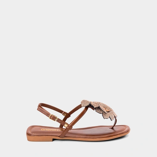 Sandália Rasteira Feminina Gabriela Detalhe Flor & Strass Caramelo