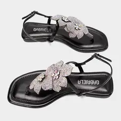Sandália Rasteira Feminina Gabriela Detalhe Flor & Strass Holográfico Preto