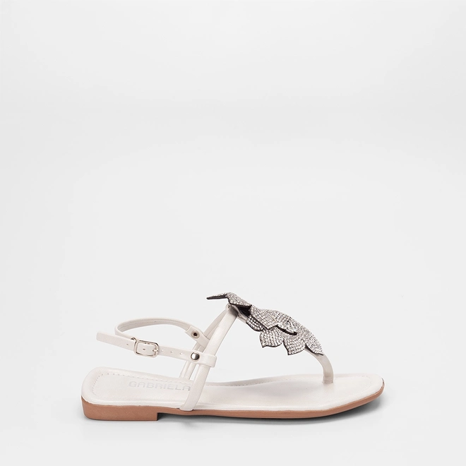 Sandália Rasteira Feminina Gabriela Detalhe Flor & Strass Off White