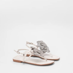 Sandália Rasteira Feminina Gabriela Detalhe Flor & Strass Off White