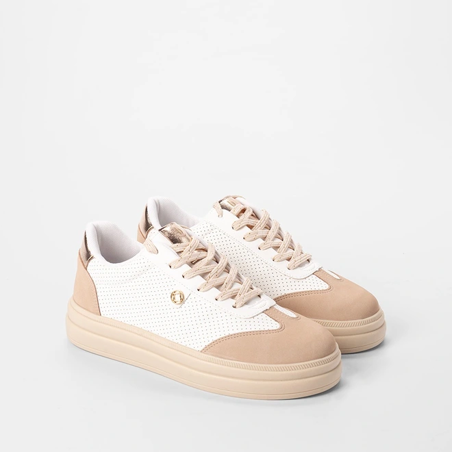 Tênis Casual Feminino Bebecê Recorte Nobuck & Metalizado Bege