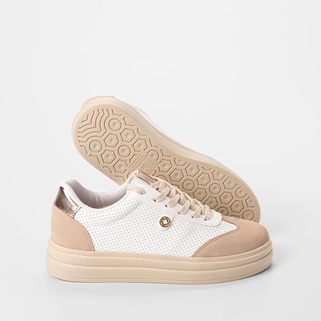 Tênis Casual Feminino Bebecê Recorte Nobuck & Metalizado Bege