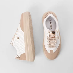 Tênis Casual Feminino Bebecê Recorte Nobuck & Metalizado Bege