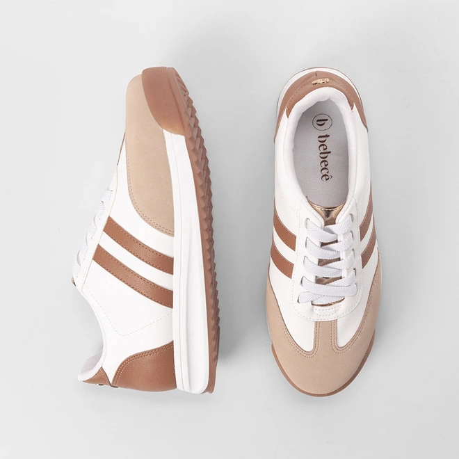 Tênis Casual Femiino Bebecê Recortes Nobuck Branco & Caramelo
