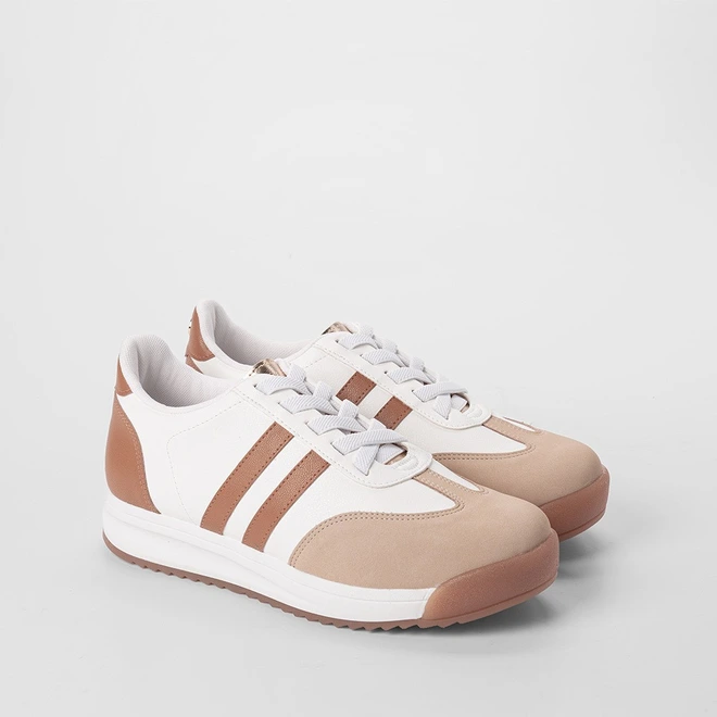 Tênis Casual Femiino Bebecê Recortes Nobuck Branco & Caramelo