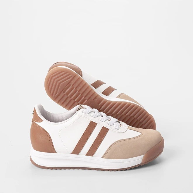Tênis Casual Femiino Bebecê Recortes Nobuck Branco & Caramelo
