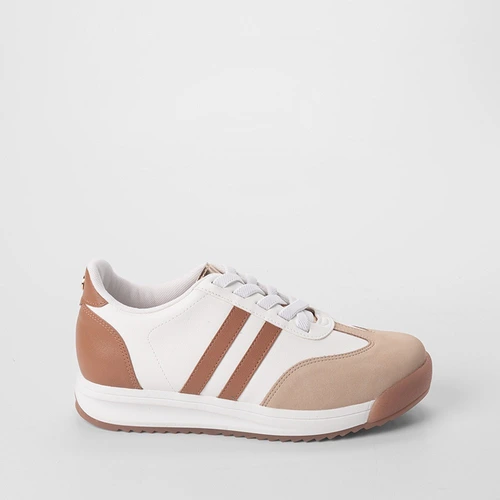 Tênis Casual Femiino Bebecê Recortes Nobuck Branco & Caramelo