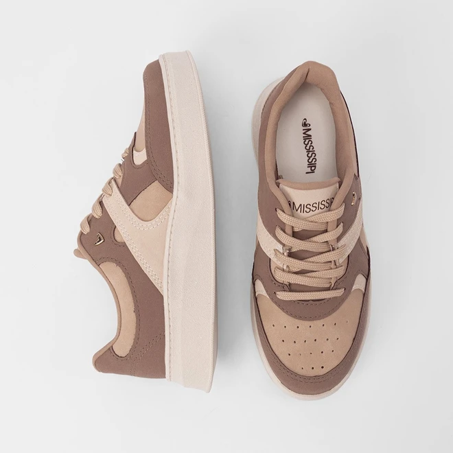 Tênis Casual Feminino Mississipi Jogging Recortes Bege & Marrom